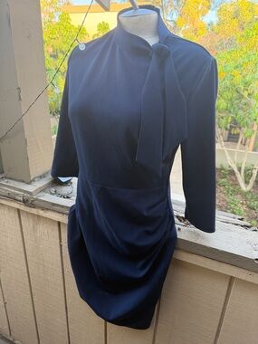 Elegant Navy Tie-Neck Sheath Dress - Women Large work